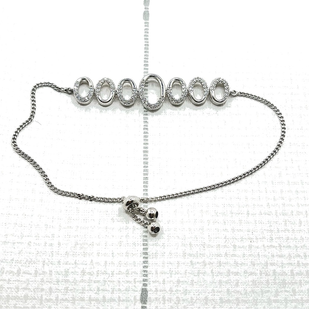 NWOT White Gold Plated Adjustable Pavé Oval Links Bracelet w/ Simulated Diamonds - Picture 6 of 6